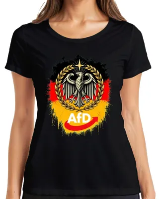Immagine prodotto di T-shirt da donna, colore nero, con scritta "AfD Deutschland Patriot Bundesadler Schwarz", tono sarcastico, taglia S