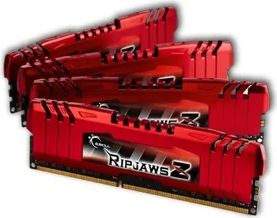 A group of red RAM modules are arranged in a staggered formation against a white background.