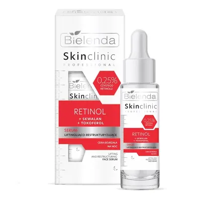 A product shot of a Bielenda Skin Clinic Professional Retinol Lifting and Restructuring Night Serum bottle and its packaging.