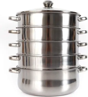 Produktbild von Edelstahldampfer 5 Etagen Dampfkochtopf Kochtopf   26cm  Dampfkocher  Edelstahl   Dampftopf Dampfgarer  Glasdeckel Küchengerät