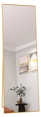 Zdjęcie produktu dla Lustro panoramiczne – prostokątne, stojące lub do zawieszenia na ścianie – 162×53 cm, szkło HD, metalowa rama, do sypialni/salonu, kolor złoty