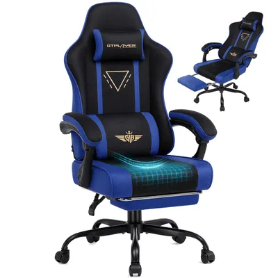 Zdjęcie produktu dla Krzesło gamingowe GTPLAYER, ergonomiczne, obrotowe, z tapicerką materiałową, poduszką siedziska z sprężynami, podłokietnikami regulowanymi i podnóżkiem. Maksymalne obciążenie: 150 kg. Kolor: niebieski