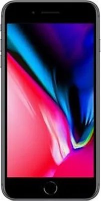 A front-facing image of an Apple iPhone 8 Plus with a colorful abstract wallpaper displayed on the screen.