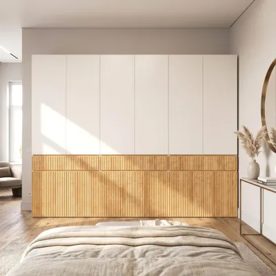Zdjęcie produktu dla Szafa z szufladami i drzwiami, garderoba z drążkami, nowoczesna szafa z miejscem do przechowywania, wymiary: 270x50x202 cm, kolor: jasny dąb + szary, materiał: płyta wiórowa i MDF, Obraz wygenerowany przez AI