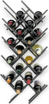 A metal wine rack filled with wine bottles, displayed against a white background.