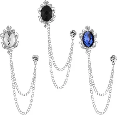 Produktbild von Drei Stück Colbert Speld Set - Metallene Krawkette mit Stiften - Uni Mode Accessoire für Hemd und Jackett - Weißer Kristall Speld für Männer und Frauen - Metall Legierung