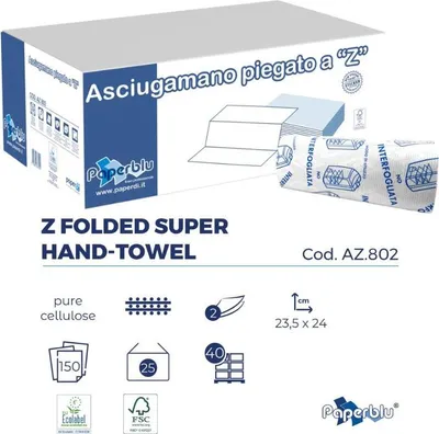 Paperblu Z Folded Super Hand-Towel Box, 2-lagig aus Zellulose, mit Infos zu Maßen und Z-Falzung.
