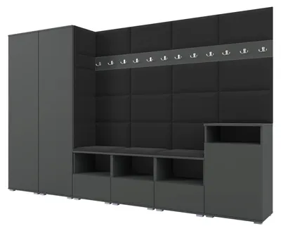 Obrázek produktu pro Šatní skříň NELA XII 300 cm – modulární nábytek do předsíně, grafitová barva s černým polstrováním sedáku 16 (obří sada)