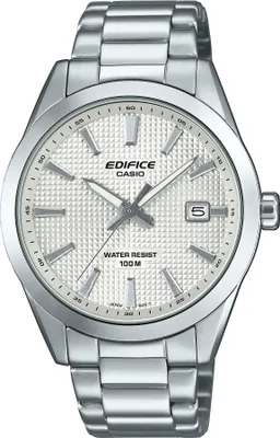 A close-up studio shot of a silver Casio Edifice watch with a white textured dial.