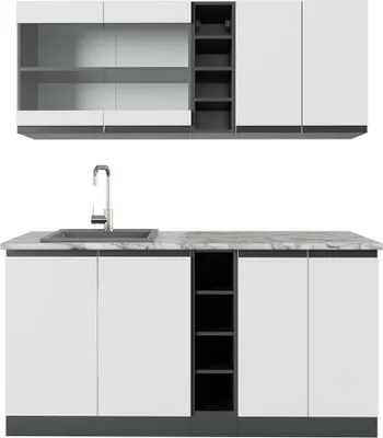 Image de Cuisine Vicco R-Line blanc/anthracite 160cm  J-Shape, PT Marbre, Model 42924