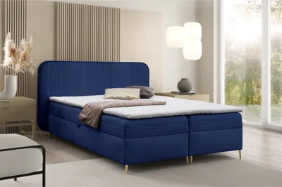 Produktbild von Boxspringbett GINA Doppelbett mit Bonellmatratze Topper und Bettkasten Bett Glamour Polsterbett mit abgerundetem Kopfteil Modern Schlafzimmer Vintage Schlafzimmerbett (180x200 dunkelblau)