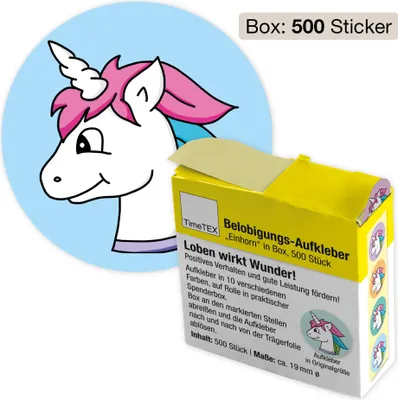 Produktbild von TimeTEX Belobigungs-Aufkleber "Einhorn" in Spender-Box, 500 Stück