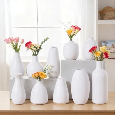 Productafbeelding van Omgoods - Set van 10 Kleine Witte Keramische Vazen voor Bloemen