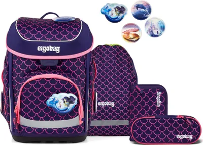 A collection of school supplies including a backpack, a drawstring bag, and pencil cases, all featuring a mermaid scale pattern.
