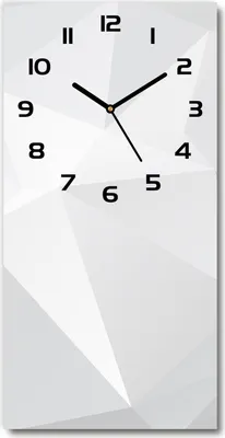 A vertical wall clock with a geometric abstract background.