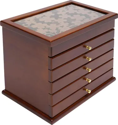 Produktbild von Schmuckkästchen - Schmuckorganizer mit 6 Ebenen - Große Aufbewahrungsbox mit Schubladen - Für Ringe und Ohrringe - Multifunktionale Schmuckaufbewahrung - Holz und Acryl - 31x20x24,5 cm