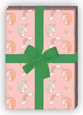 Produktbild von Mädchen Geschenkpapier mit Einhörnern und Regenbogen auf rosa - G7593, 32 x 48cm