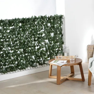 A balcony with a green leaf screen, a wooden table with drinks and magazines, and a wicker chair.