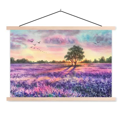 Produktbild von MuchoWow® Textilposter Lavendel - Farbe - Vögel - Bäume - Lila 120x80 cm mit holzfarbenen Rahmen - Aufhängeset