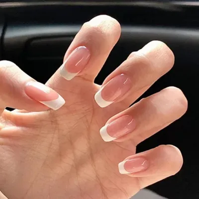 Obrázek produktu pro Umělé nehty, francouzský styl, bílé, hranaté, 24 kusů, přírodní barva, lesklé, hranaté