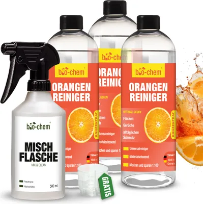 Produktbild von bio-chem Orangenreiniger Konzentrat 3x 750 ml - Starker Allzweckreiniger mit angenehmem Orangen-Duft - Inkl. Mischflasche & Messbecher - Sehr ergiebiges Reinigungskonzentrat mit Orangenterpenen