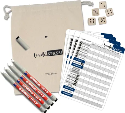 Produktbild von Würfelspiel abwischbar inkl. Stifte, Würfel & Beutel - 4X DIN A5 Blätter wiederverwendbar mit 4 Markenstiften | Baumwoll-Beutel 100 & 5 Holzwürfel