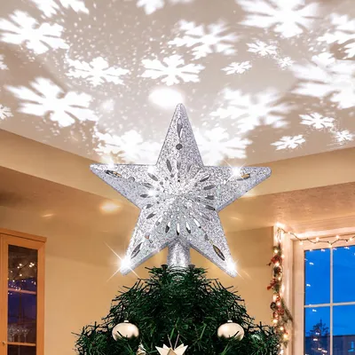Produktbild von Weihnachtsbaumspitze Silber Stern LED Schneeflocke Projektor Christbaumspitze Licht Christbaumschmuck