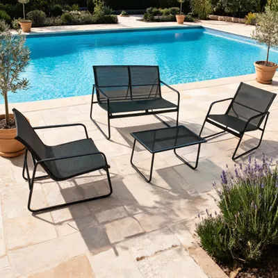 Produktbild von 4-teiliges Gartenmöbel-Set für Balkon & Terrasse | Wetterfestes Gartenlounge mit Doppelsofa, 2 Sesseln & Glastisch, robust & atmungsaktiv