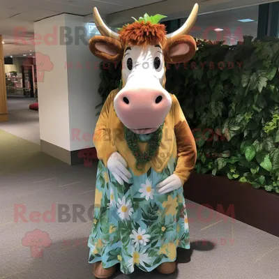 Produktbild von Guernsey REDBROKOLY Kuh Maskottchen Kostüm figur bekleidet mit einem Maxikleid und Ohrringen