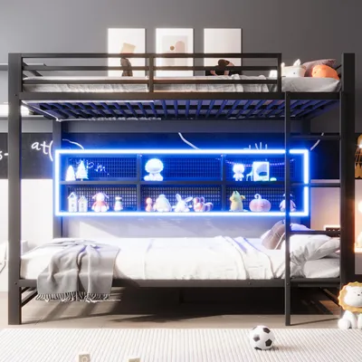Produktbild von Flieks Etagenbett Metallbett 140x200cm mit offenen Staufächern, Kinderbett Hochbett mit Led, Jugendbett Doppelbett mit Lattenrost und Rausfallschutz