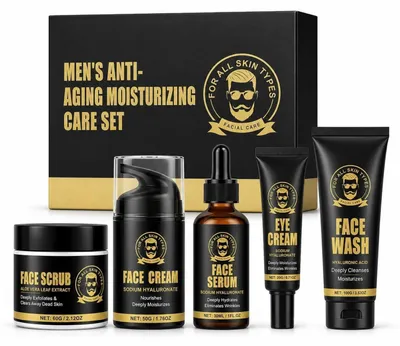 Immagine prodotto di Set per la cura del viso da uomo, composto da 5 prodotti: detergente, esfoliante, siero, crema per gli occhi e crema viso