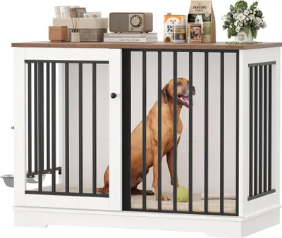 Produktbild von Hundebox für Zuhause - XXL Holz Hundekäfig - 120x60x90 cm - Für große Hunde - Indoor Hundehütte - Weiß Braun
