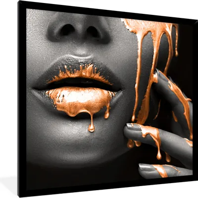 Produktbild von MuchoWow® MuchoWow® Gerahmtes Poster Lippen - Orange - Schwarz 40x40 cm - Poster mit zchwarzem Bilderrahmen - Mit Rahmen - Wanddekoration Schlafzimmer