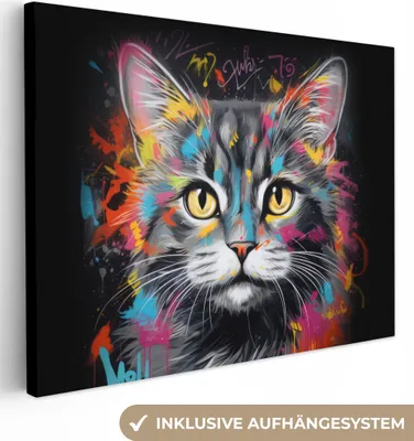 Obrázok produktu pre Obrazy na plátne 80x60 cm - Graffiti - Mačka - Zvieratá - Farby - Sivá, Obrazy Obývacia izba Moderné, Nástenné dekorácie