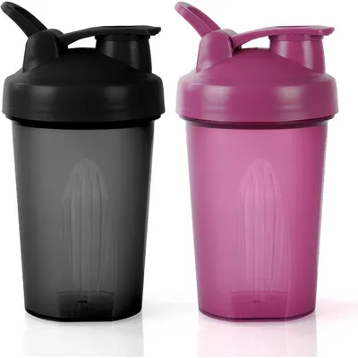 Productafbeelding van Proteïneshaker van 400 ml met meetstreep en handvat, BPA-vrij, lekvrij, zwart en paars