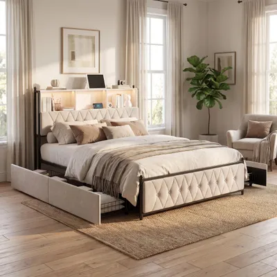 Image de INONEFT, lit capitonné avec rangement, dimensions 140x200 cm, équipé de LED et de ports USB/Type-C, lit double avec 4 tiroirs et sommier à lattes, lit pour adolescents en bois massif, revêtement en velours, couleur beige