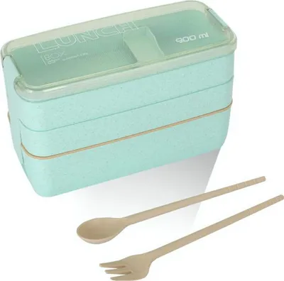 Produktbild von Bento Box. 0.9 l zweischichtige Brotdose. Wird für Schule, Picknick und Reisen verwendet. er Essstäbchen Löffel und Gabel.