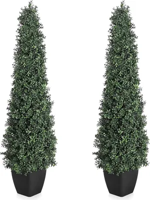 Produktbild von Künstliche Buchsbäume 2er-Set - Formschnitt im Topf - UV-Beständig - Für draußen - Bodenstehend - Bonsai-Stil - Größe L - Milchweiß