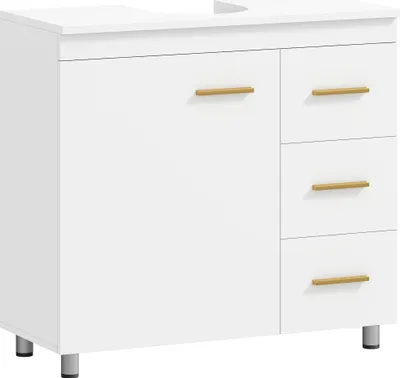 A white bathroom cabinet with gold handles, shown from the front.