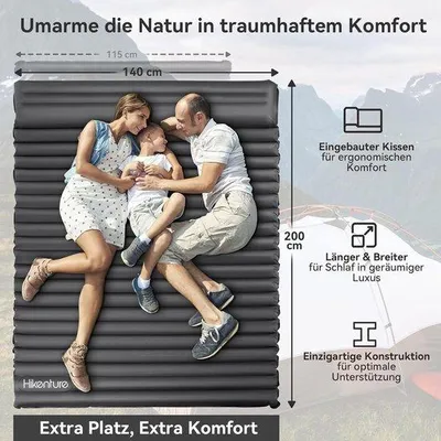 Produktbild von Luftmatratze für 2 Personen mit Kissen - 10 cm dick - 140 x 200 cm - Selbstauflauf - Campingmatratze mit Fußpump - grau