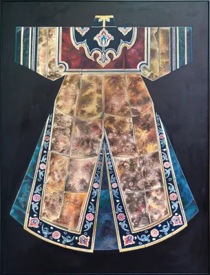 Produktbild von Fine Asianliving Ölgemälde 100% Handgemalt Rahmen Schwarz 90x120cm Chinesischer Kimono Gold