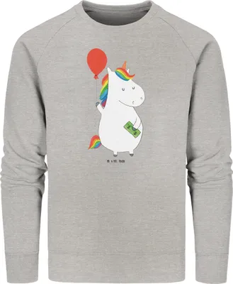 Produktbild von Mr. & Mrs. Panda Baumwoll Pullover Einhorn Luftballon Größe M - Heather Grey - Geschenk, Geld, Unicorn, Einhörner, Sweatshirt, Sweater, Pulli