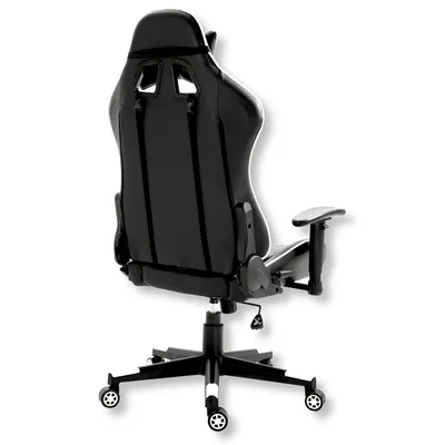 A black gaming chair viewed from the back and side.