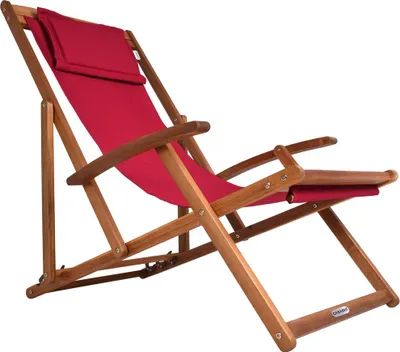 A red deck chair made of wood, shown on a white background.