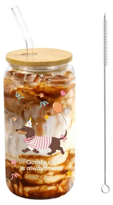 Teckel-Trinkglas 500 ml mit Deckel und Strohhalm, wiederverwendbar