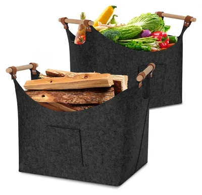 Produktbild von Vigevee 2x Kaminholzkorb Filzkorb 45×40×32 cm, 5 mm, faltbar, mit Holzgriffen und Seitentaschen, Dunkelgrau