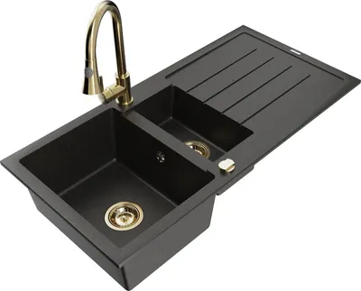 Produktbild von Mexen Andres 1,5-Becken-Granitspüle mit Abtropffläche und Mischbatterie Elia, Schwarz/Gold metallisch - 6515-75-670101-50