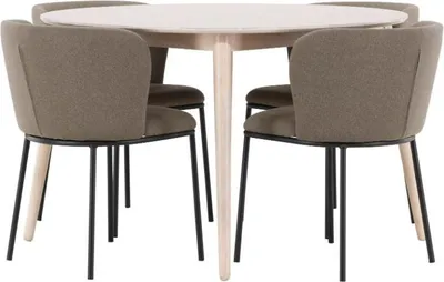 Productafbeelding van Flora eethoek tafel Ø120cm en 4 stoelen whitewash, bruin.