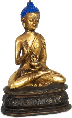 Obrázok produktu pre Postavička Budhu zlatej farby s modrou korunou z vlasov 14,5 x 10,5 x 22 cm - sediaca socha Budhu z polyresinu - meditačná postavička do obývačky na jogu alebo ako duchovná dekorácia