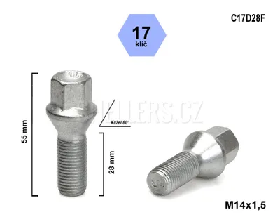 Obrázok produktu pre Skrutka kolesa M14x1,5x28 s kužeľom, kľúč 17, C17D28F, výška 55 mm